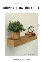 Load image into Gallery viewer, Wooden floating shelf with a plant and books on a white wall, featuring 'Woodshop Diaries' branding.
