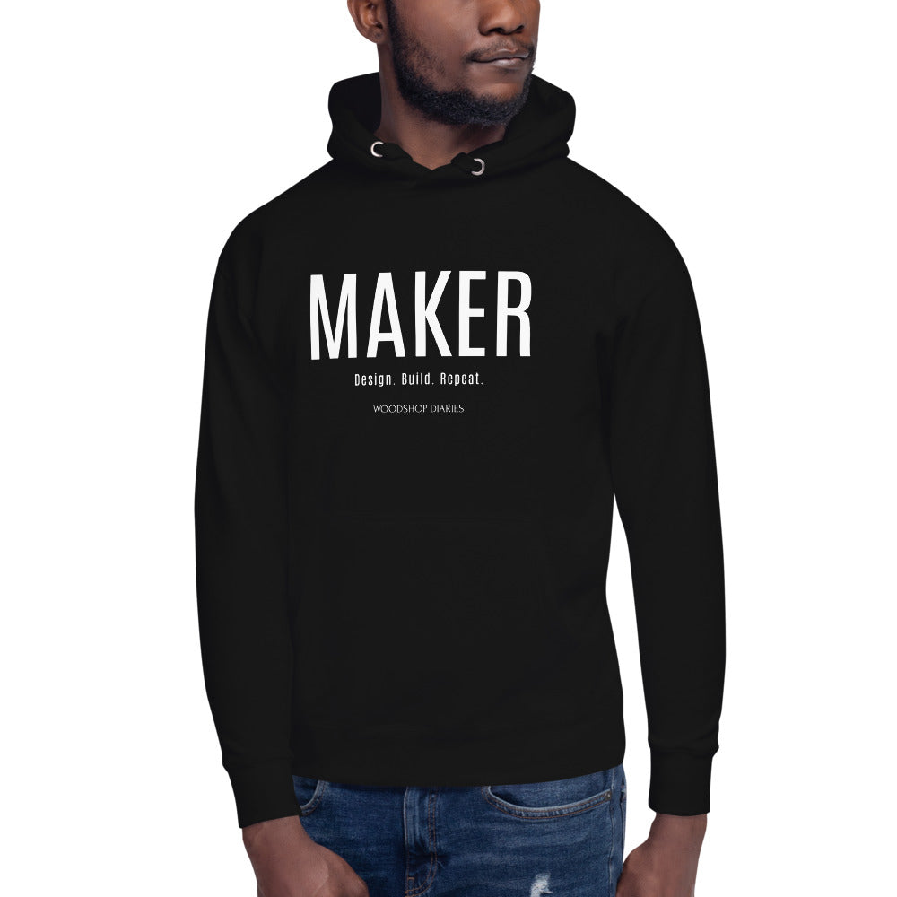 MAKER Design. Build. Repeat. Hoodie with White Lettering