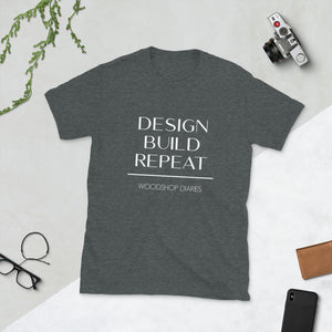 Design Build Repeat Woodshop Diaries Tee White Lettering
